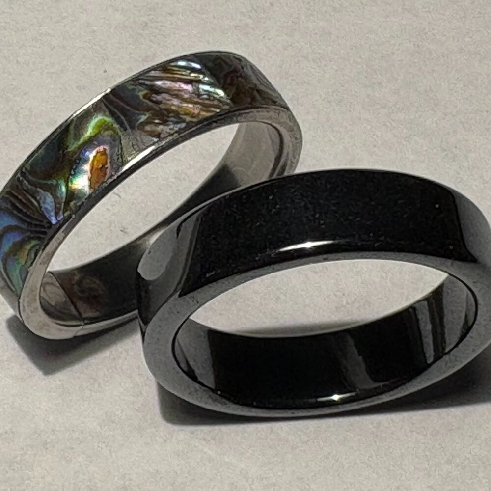 Abalone Shell and Stainless Steel, Hematite Rings, Size 10